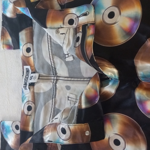 Moschino × H&M CD Print Black Satin Jeremy Scott Designer Rare Limited Ed. Pants - Picture 7 of 16